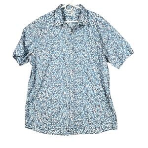 Mens Flowers Retro Button Down Shirt 3XLT Short Sleeve Blue Cotton Stretch Tall